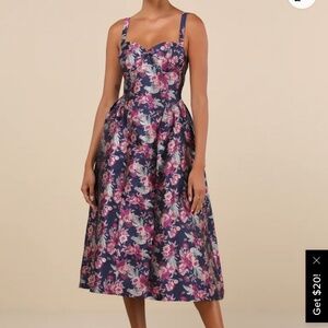 Navy Floral Jacquard Midi Dress With Pockets